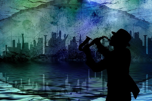 Илустрација: Силуета на музичар на саксофон