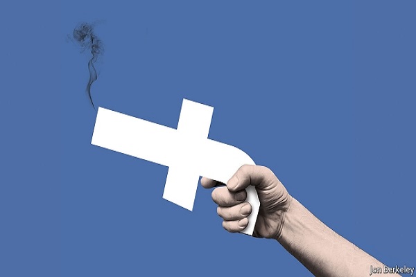 Илустрација: Симболот на Фејсбук како пиштол